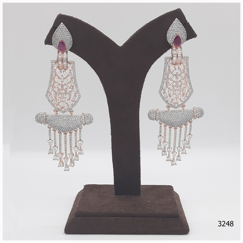 American Diamond Earring With Ruby colour Stone Work And American Diamond Hanging