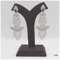 American Diamond Earring With Green colour Stone Work And American Diamond Hanging