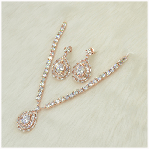Rose Gold Plated American Diamond Necklace Set By Emerald NX