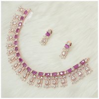 Rose Gold Plated American Diamond Necklace Set With Ruby Colour Stone Work