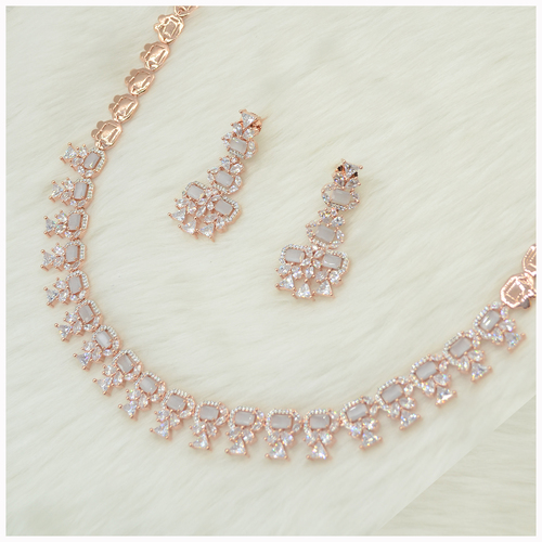 Rose Gold Plated American Diamond Necklace Set With Grey Colour Stone Work
