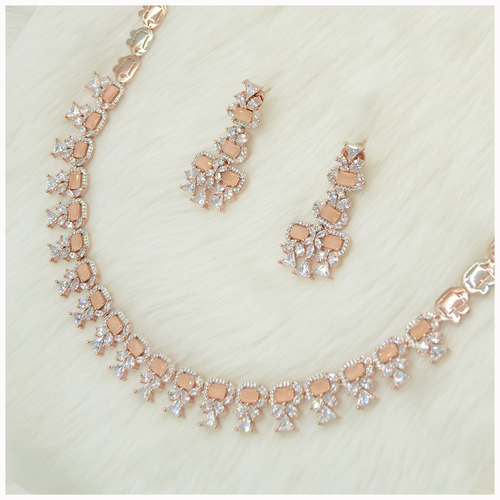 Rose Gold Plated American Diamond Necklace Set With Orange  Colour Stone Work