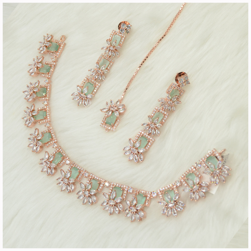 Rose Gold Plated American Diamond Necklace Set With Green Colour Stone Work