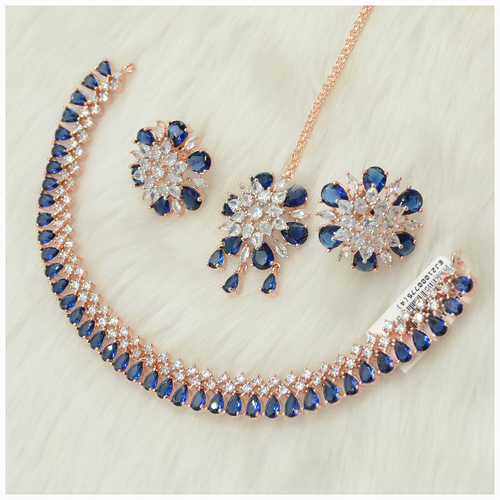 Rose Gold Plated American Diamond Necklace  With Blue Colour Stones