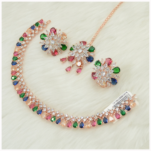 Rose Gold Plated American Diamond Necklace Set With Multi Colour Stone Work