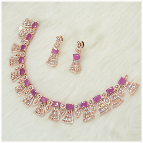 Rose Gold Plated  American Diamond Necklace With Ruby  Colour Stone Work