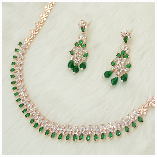 Rose Gold Plated American Diamond Necklace Set With Emerald Colour Stone Work
