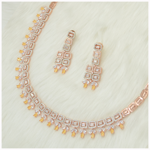 Rose Gold Plated American Diamond Necklace Set With Yellow Colour Stone Work