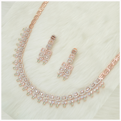 Rose Gold Plated American Diamond Necklace Set With Mint Green  Colour Stone Work