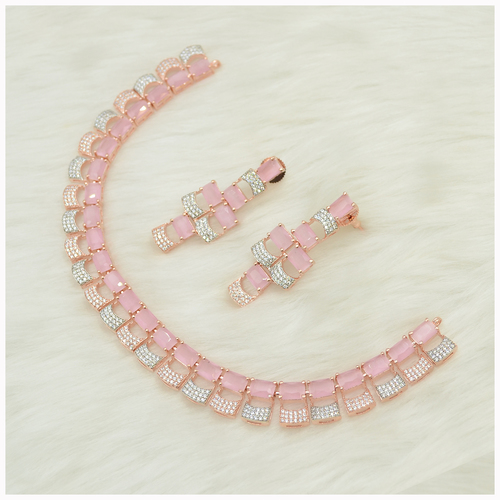 Rose Gold Plated American Diamond Necklace With Touch Of Pink Stones
