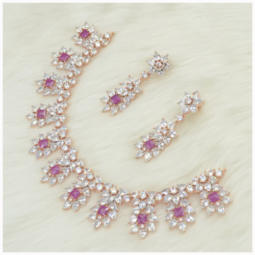 Rose Gold Plated American Diamond Necklace Set With Ruby Colour Stone Work By Emerald NX