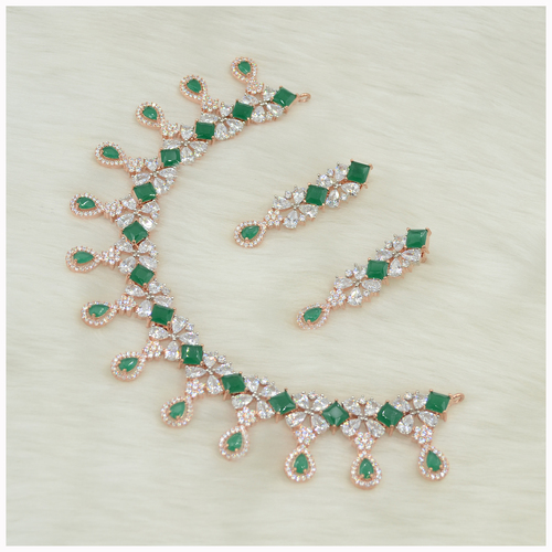 Rose Gold Plated American Diamond Necklace Set With Green Colour Stone Work