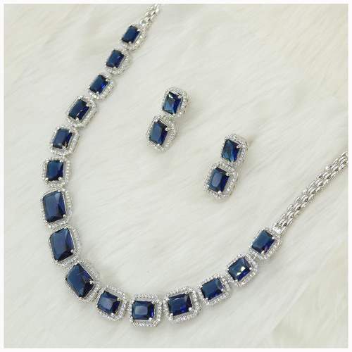American Diamond Necklace With Blue colour Stone Work