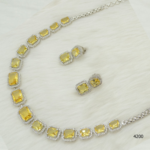 American Diamond Necklace With Yellow Colour Stone Work
