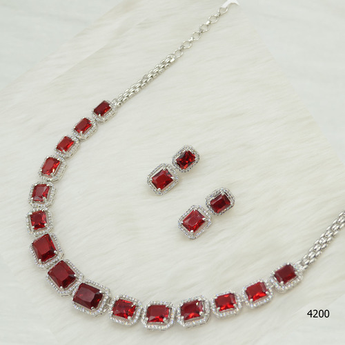 American Diamond Necklace Ruby Colour Stone Work