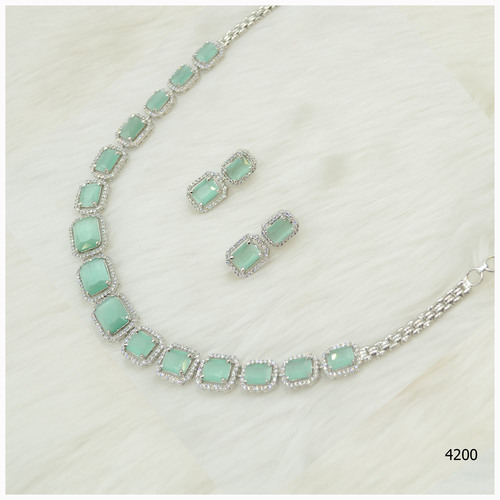 American Diamond Necklace With Lime Blue  Stone Work