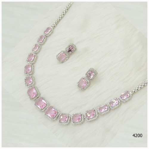 American Diamond Necklace Set With Pink Colour Stone