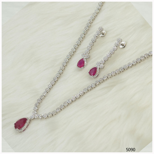 American Diamond Necklace With Ruby Colour Stone Work