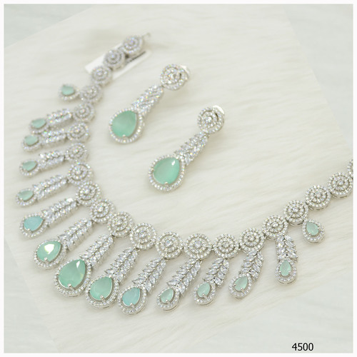 American Diamond Necklace With  Mint Green Colour Stone Work