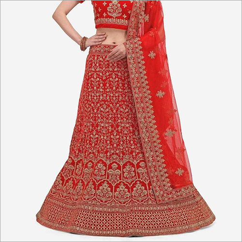 Indian Red Colour Velvet Lehenga Choli With Embroiderd And Stone Work