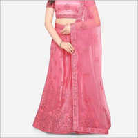 Semi Stitched Lehenga Choli - Embroidered Net Fabric, Modern Style In Elegant Pink