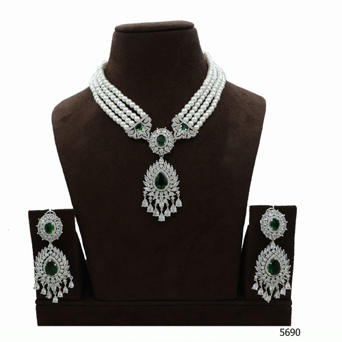 American Diamond Choker Neacklace Set With Emerald Colour Stone Diamond Set