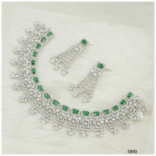 American Diamond Necklace With Emerald Colour Stone Work