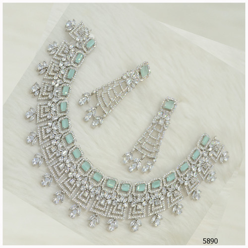 American Diamond Necklace Set With Lime Blue  Colour Stone Work