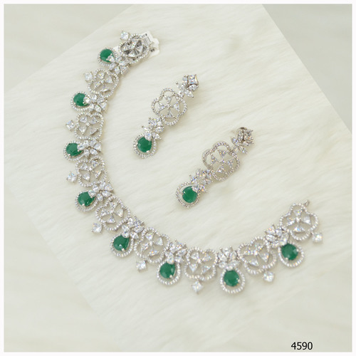 American Diamond  Neacklace Set With Emerald Stone Work