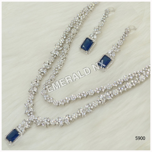 American Diamond Necklace With Blue Sapphire Stone Colour