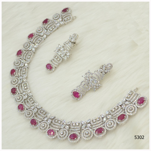 American Diamond Necklace With Beautiful Ruby Colour Stone Work