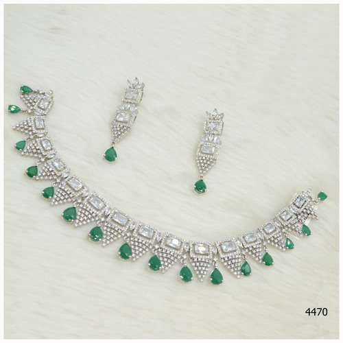 American Diamond Necklace Set With Green sapphire stone work