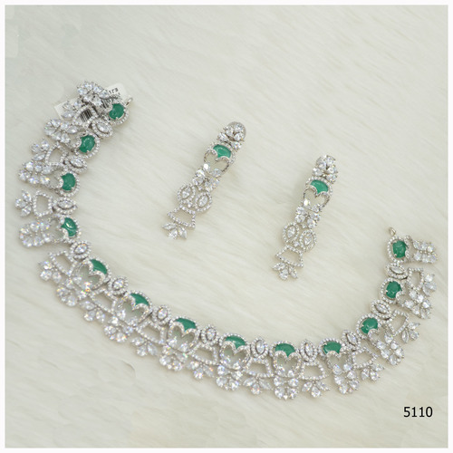 American Diamond Necklace Set With Beautiful Emerald colour stone Work