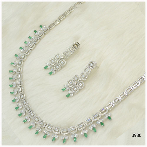 American Diamond Necklace Set With Beautiful Aqua Green Stone Work