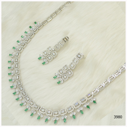 American Diamond Necklace Set With Beautiful Aqua Green Stone Work