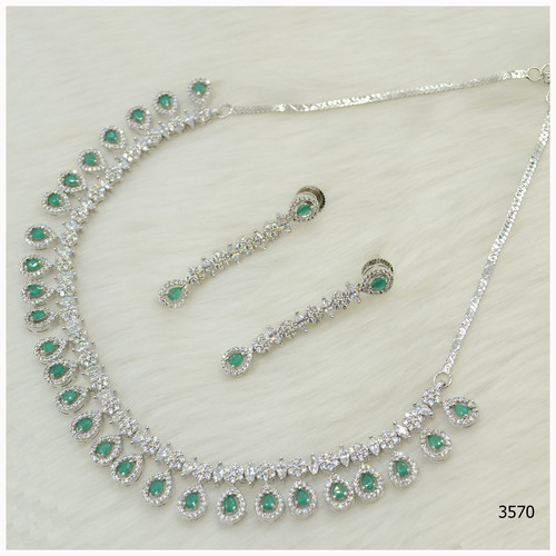 American Diamond Necklace Set With Beautiful Green Colour stone Work