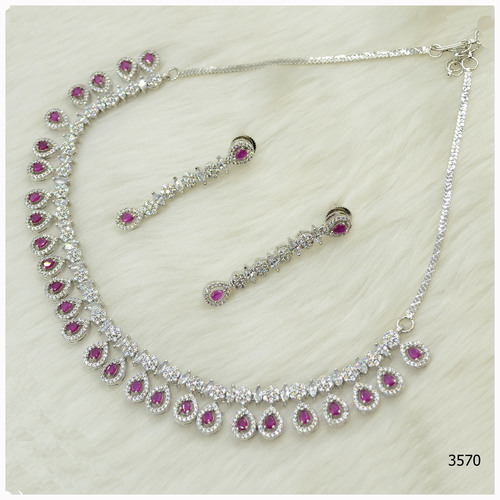 American Diamond Necklace Set With Beautiful Pink Colour stone Work