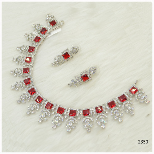 American Diamond Necklace Set With Beautiful Red Stone Work