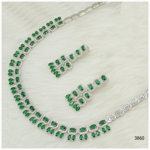 American Diamond Necklace Set With Beautiful Emerald Colour Stone Work And Hanging