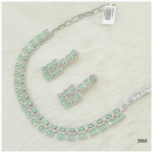 American Diamond Necklace Set With Beautiful Aqua Blue Colour Stone Work And Hanging