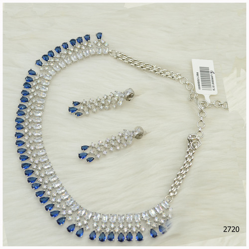 American Diamond Necklace Set With Beautiful Blue Colour Stone Work And Hanging
