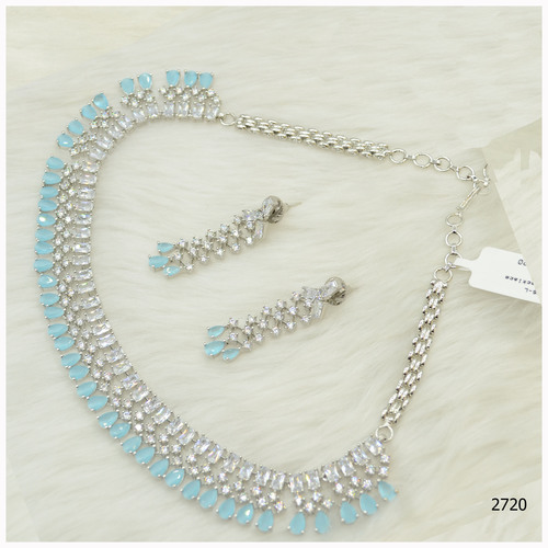 American Diamond Necklace Set With Beautiful Aqua Blue Colour Stone Work And Hanging