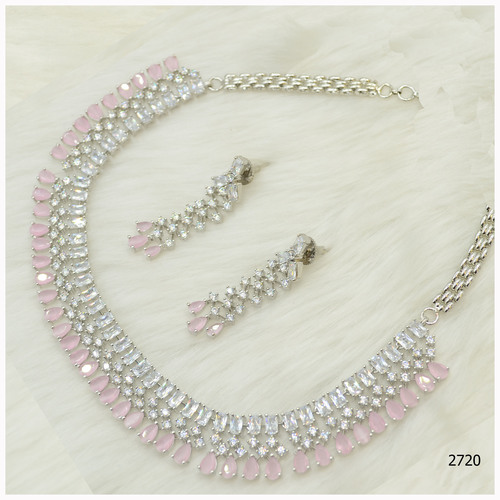 American Diamond Necklace Set With Beautiful Baby Pink Colour Stone Work And Hanging