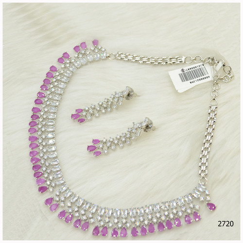 American Diamond Necklace Set With Beautiful Purple Colour Stone Work And Hanging