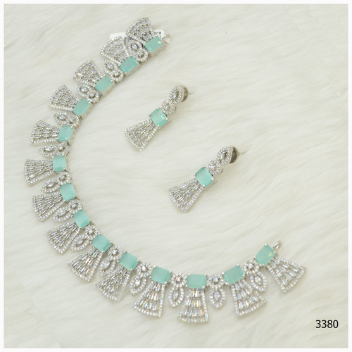 American Diamond Necklace Set With Beautiful Aqua Blue Colour Stone Work