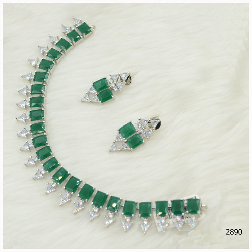 American Diamond Necklace Set With Beautiful Emerald Colour Stone Work