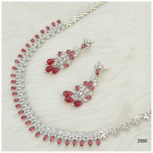 American Diamond Necklace Set With Beautiful Ruby Colour Stone Work And Hanging