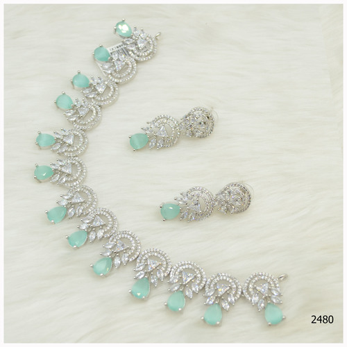 American Diamond Necklace Set With Beautiful Aqua Blue Colour Stone Work