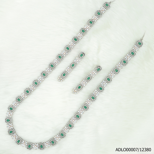 Black Rodium/Rose Gold Plated American Diamond Long Set With Touch Of Green Stones
