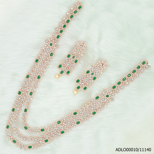 3 Line Rose Gold Plated American Diamond Long Set With Touch Of Green Stones